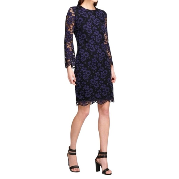 DKNY Elegant Floral Lace Long Sleeve Dress in Purple - Picture 1 of 15